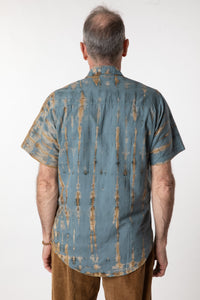 Ross is wearing size M cotton tie dye button up shirt in slate
