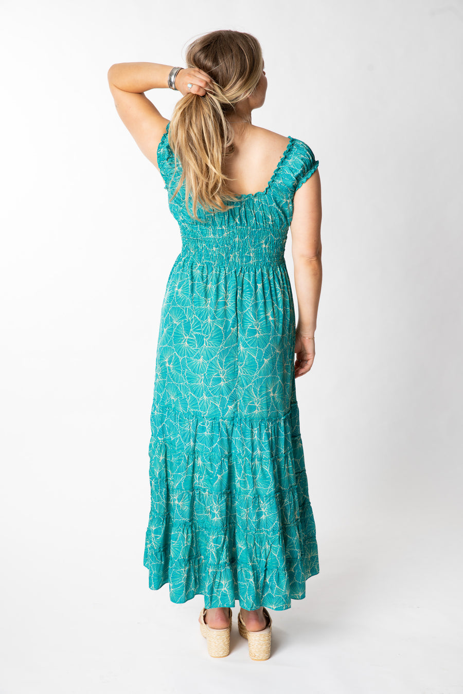 Sophie is wearing size S/M maxi dress in aquamarine