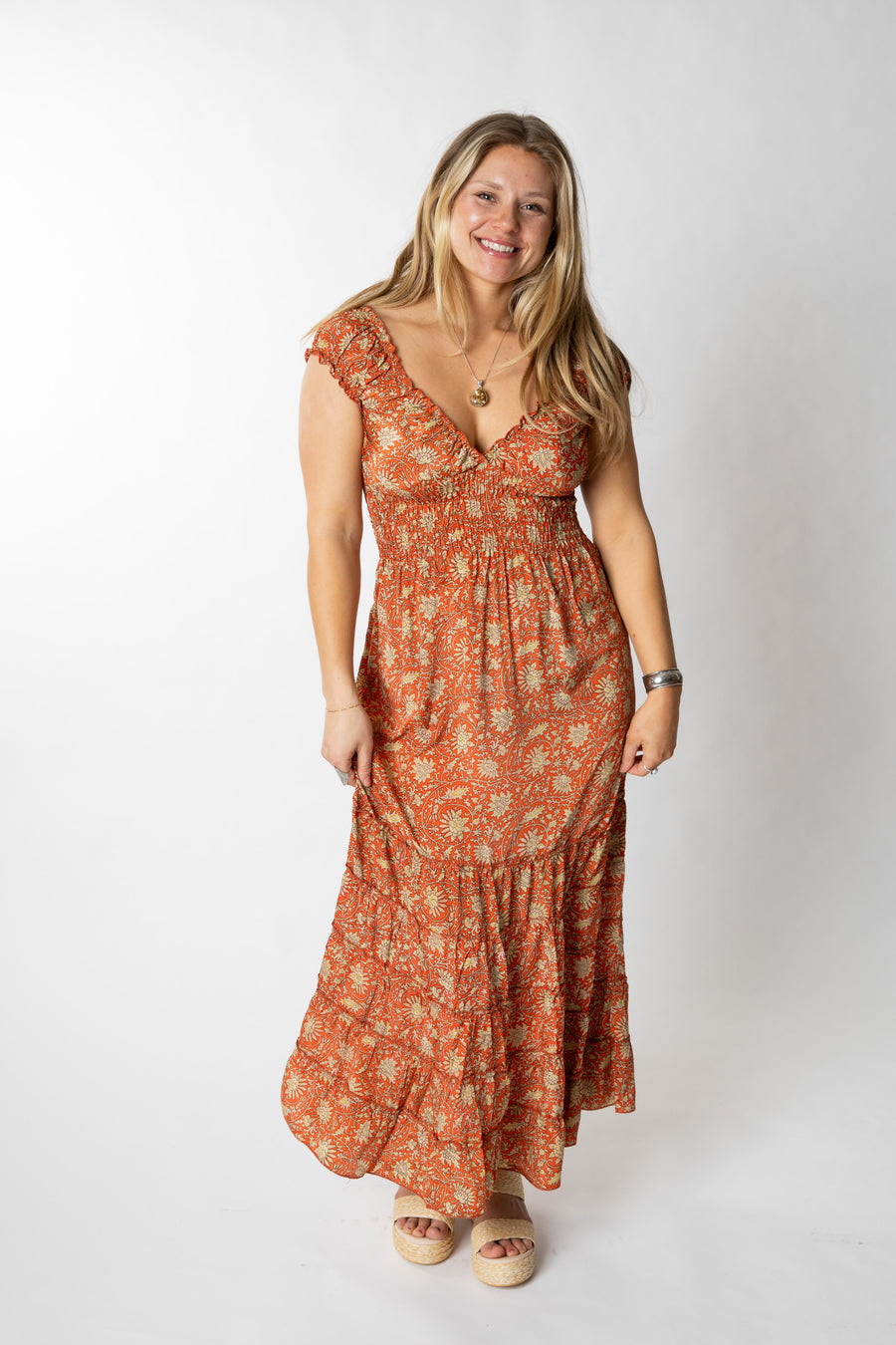Sophie is wearing size S/M maxi dress in bittersweet