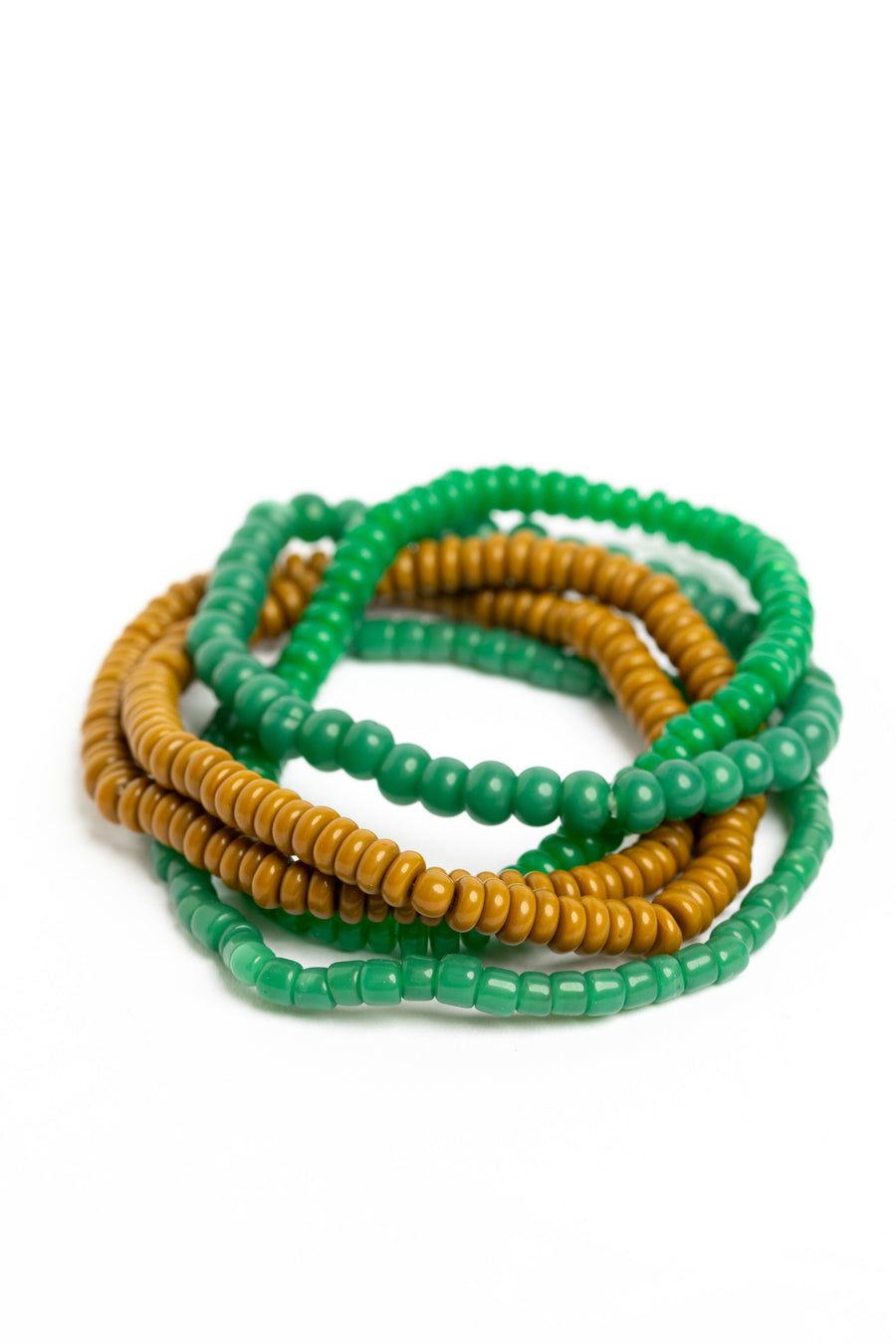 stackable beaded bracelets in green on white background