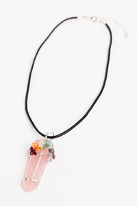 tree of life crystal necklace pendant in rose quartz on white background