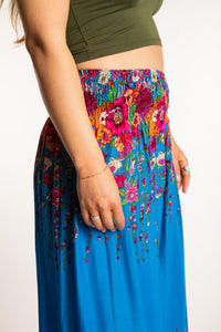 Sophie is wearing floral palazzo pants in sky blue