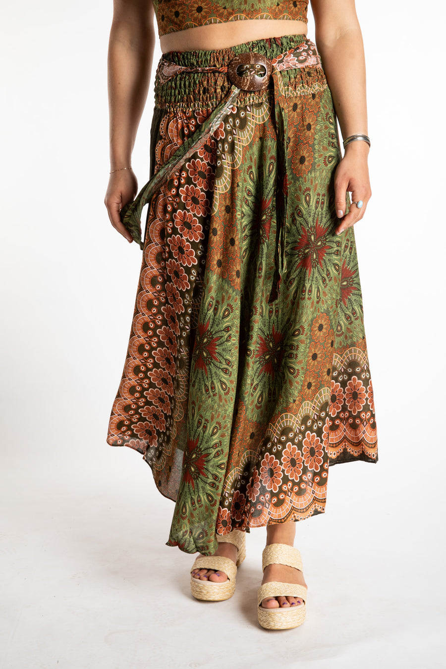 Sophie is wearing floral skirt in green