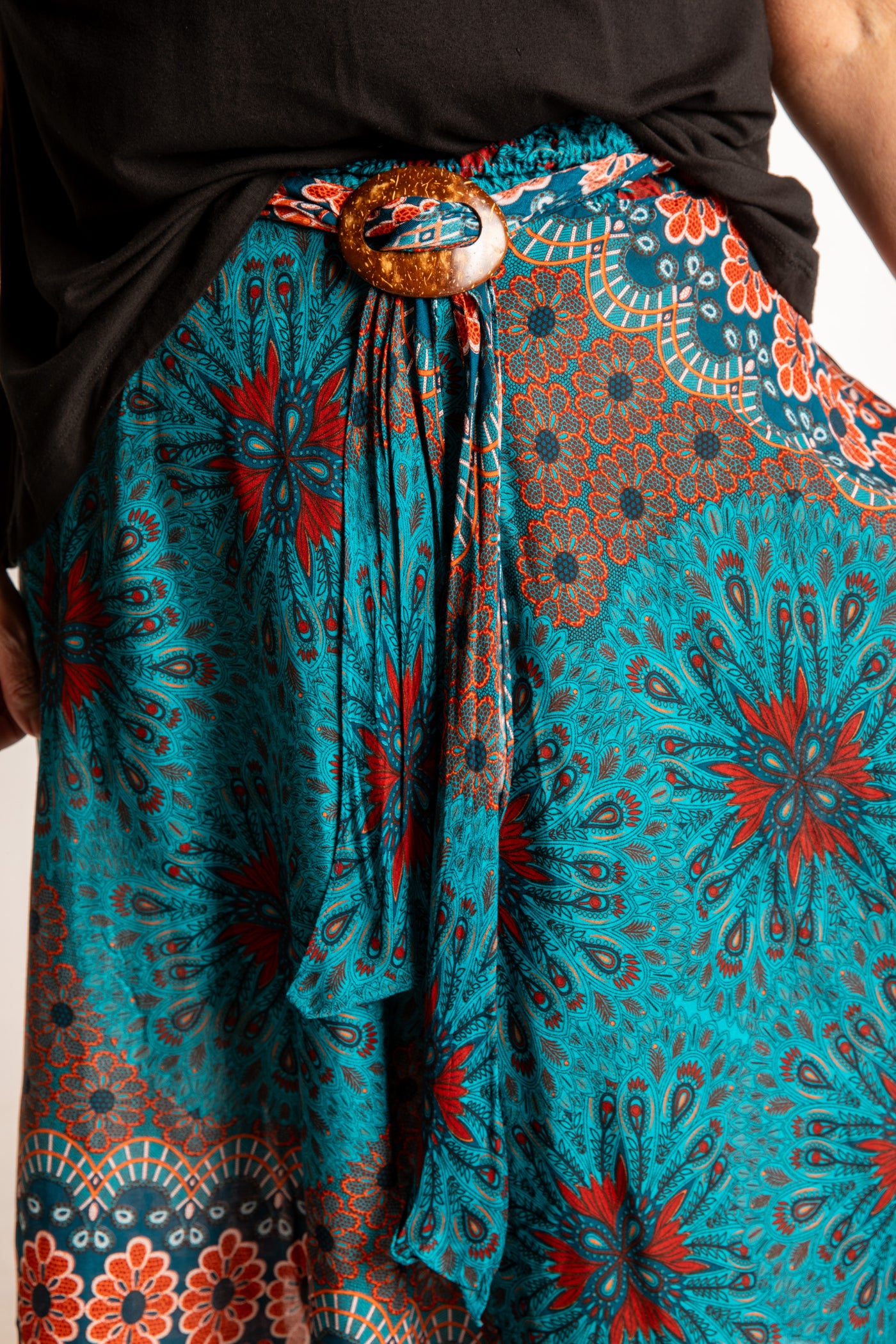 Betty is wearing floral skirt in teal