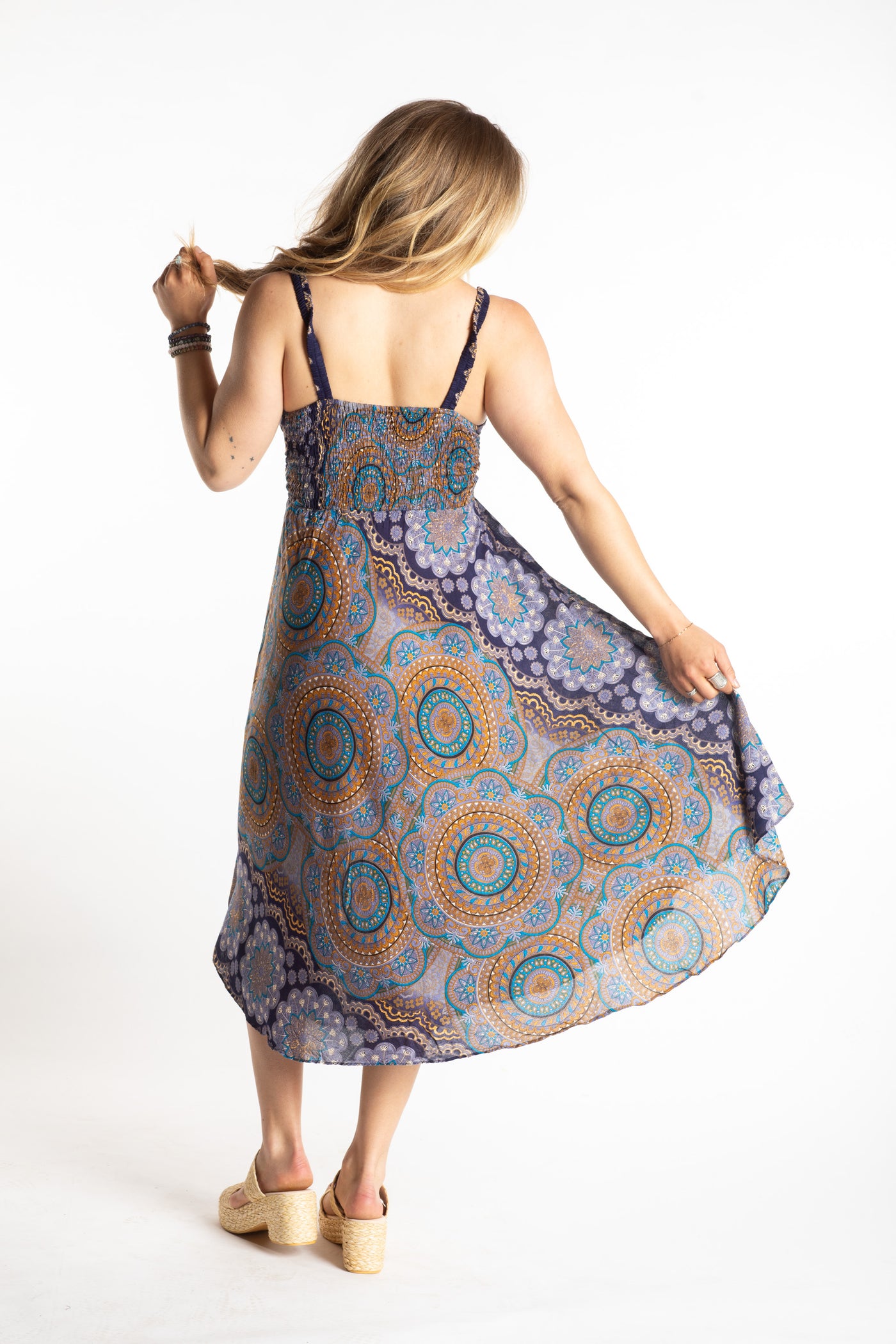 Sophie is wearing size S/M boho dress in navy