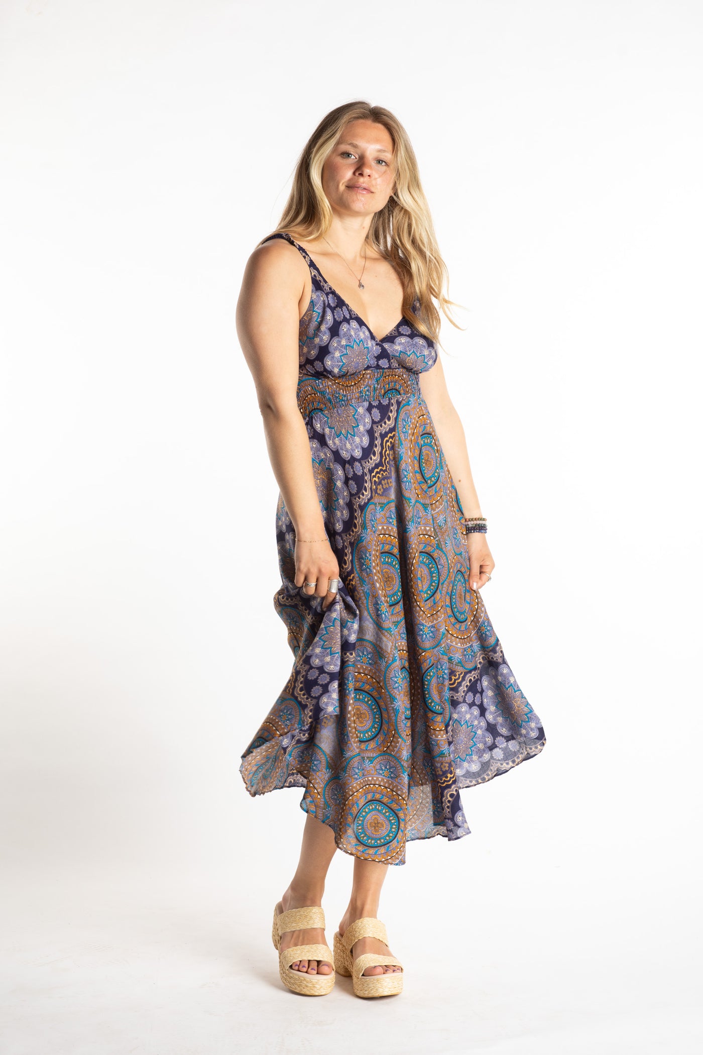 Sophie is wearing size S/M boho dress in navy