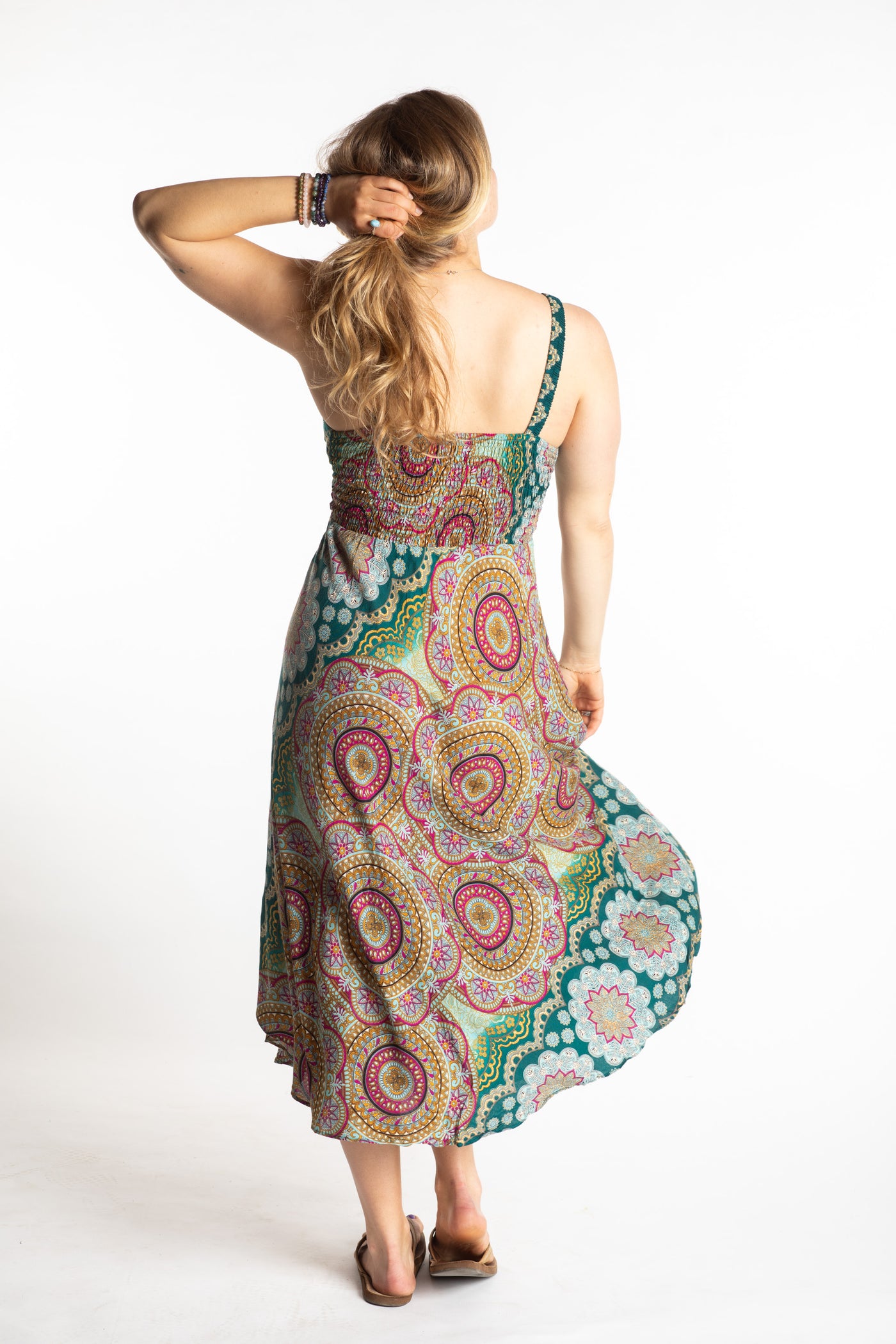 Sophie is wearing size S/M boho dress in sea blue