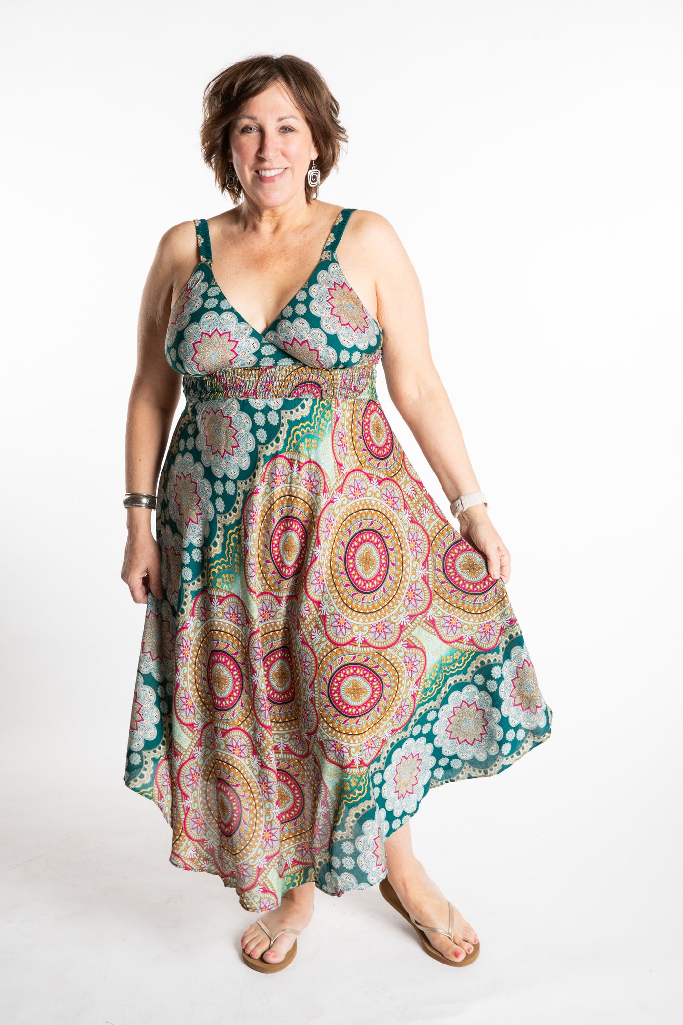 Betty is wearing size L/XL boho dress in sea blue