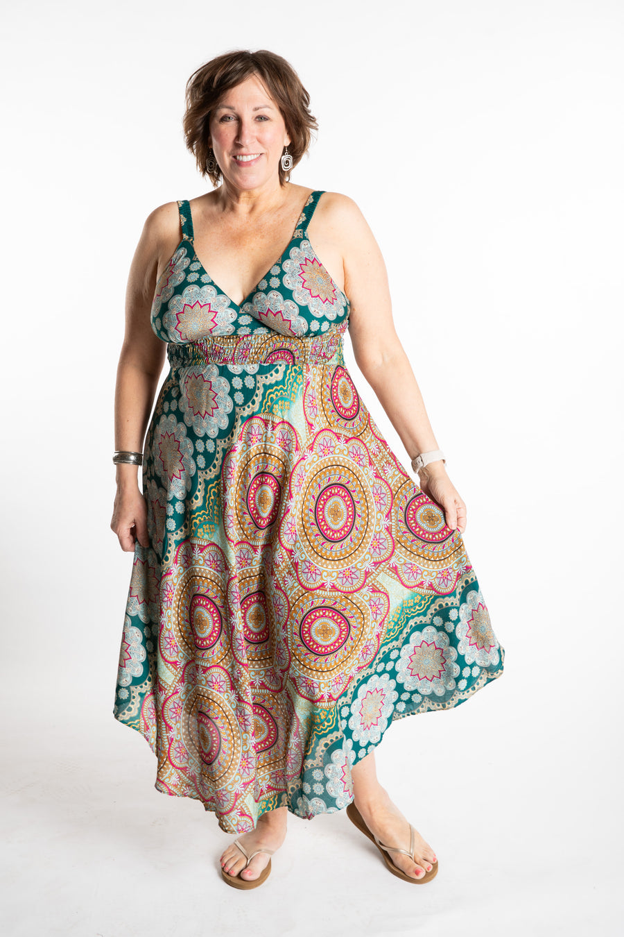 Betty is wearing size L/XL boho dress in sea blue