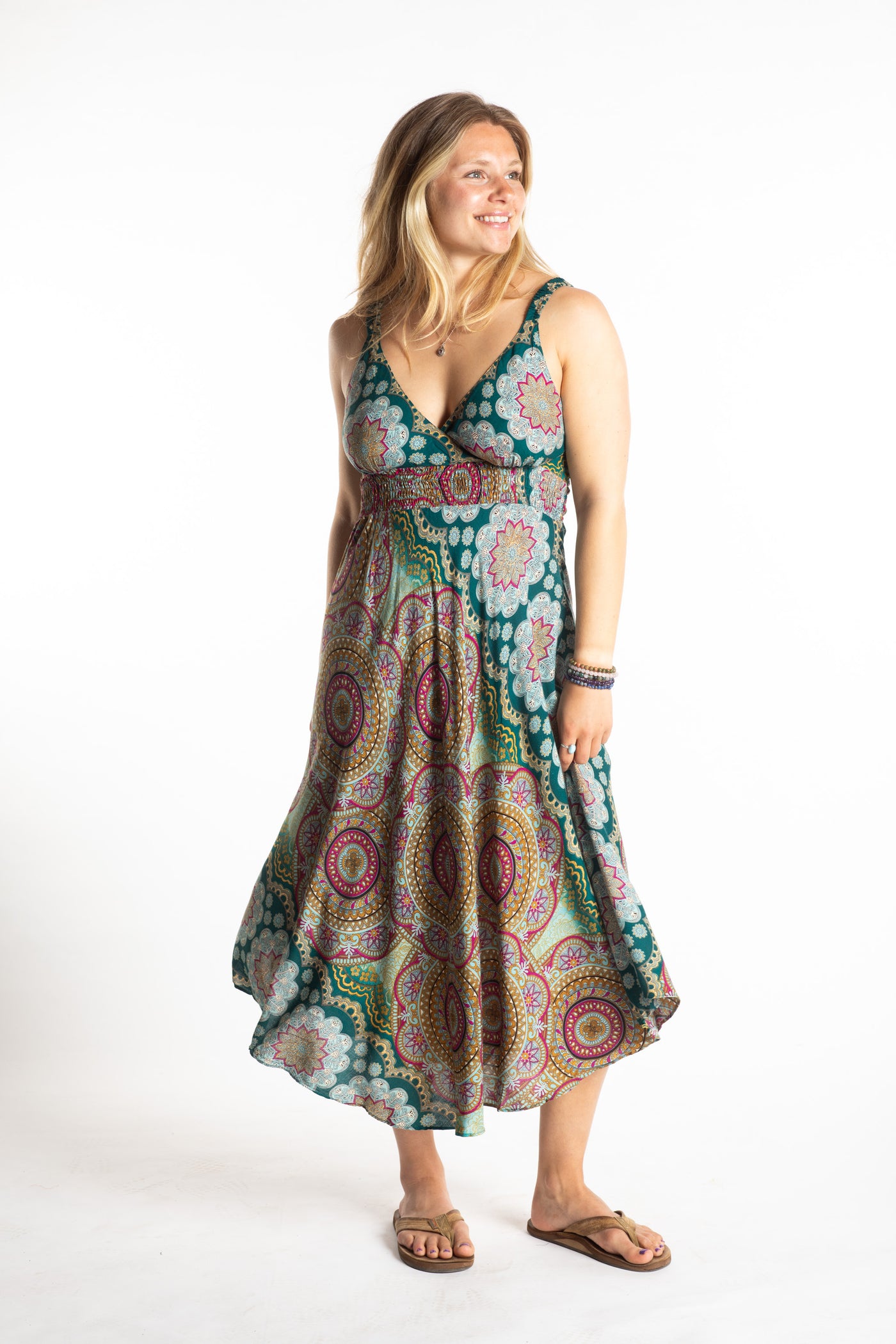Sophie is wearing size S/M boho dress in sea blue