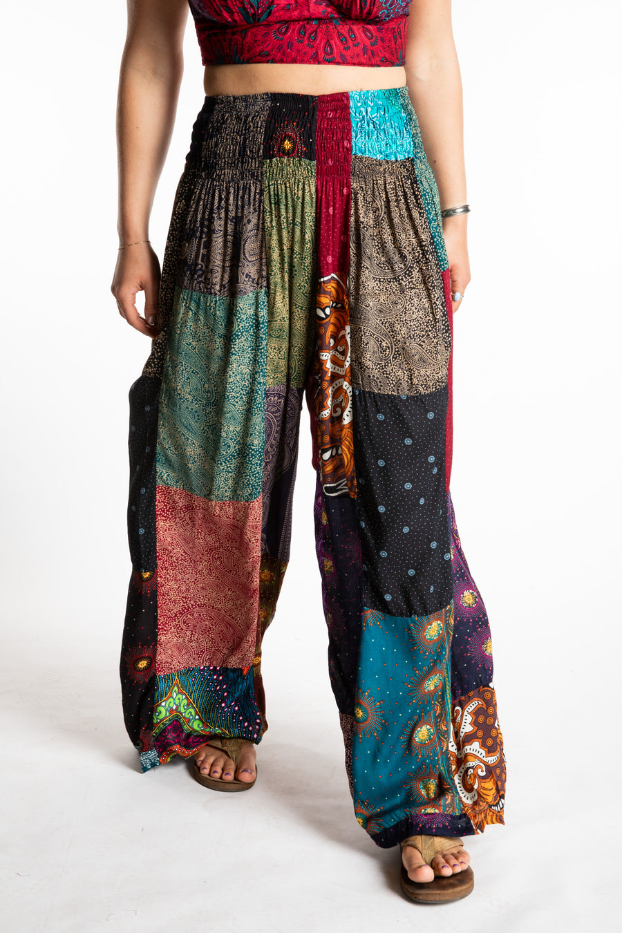 Sophie is wearing patchwork palazzo pants.