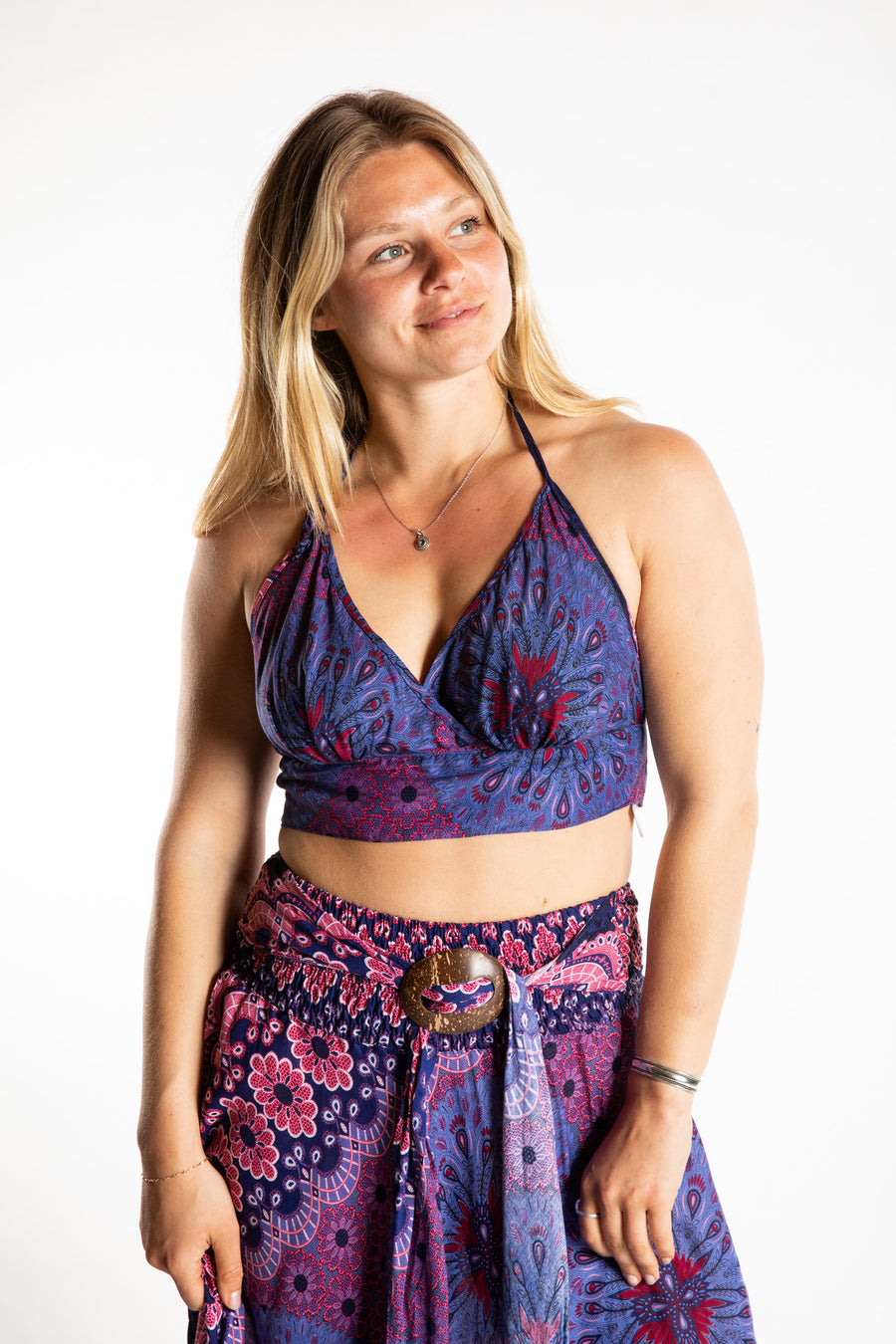 Sophie is wearing a printed halter top in Purple 