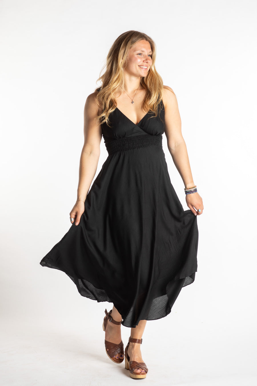 Sophie is wearing a S/M boho dress in Solid Black