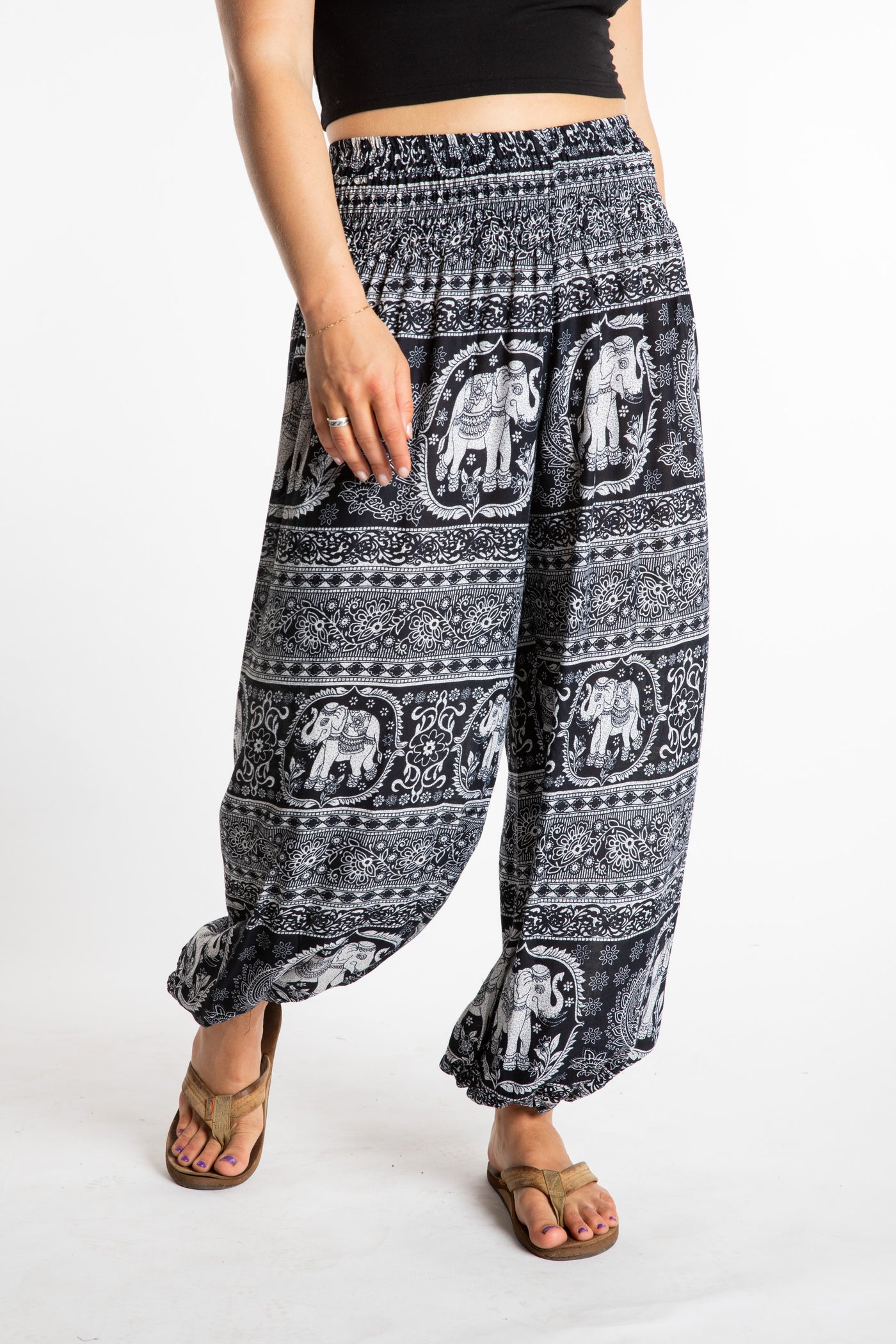 Sophie is wearing boho harem pants in black