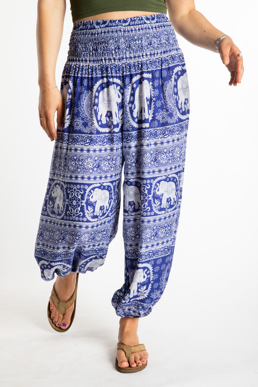 Sophie is wearing boho harem pants in blue