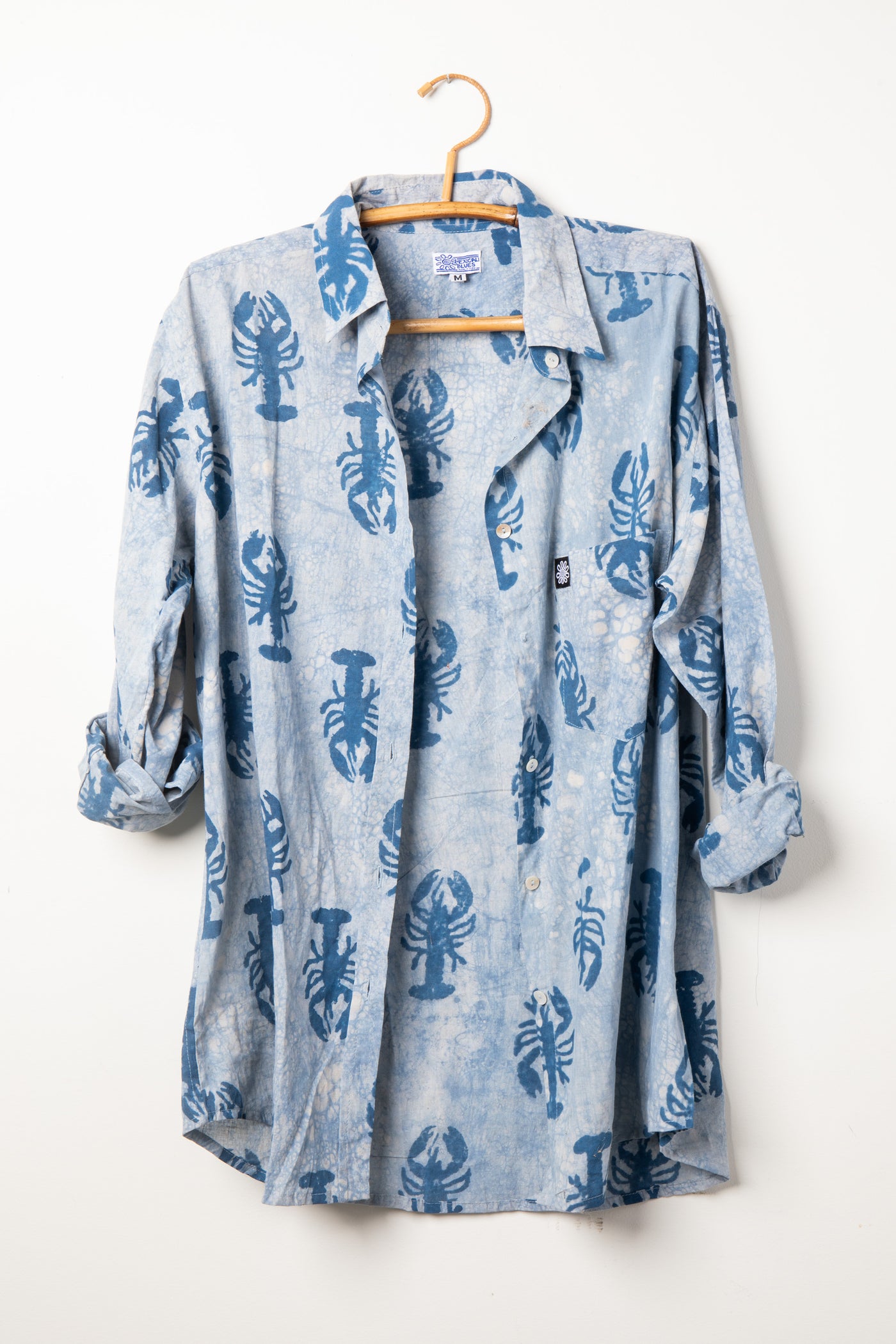 Blue block print lobster shirt