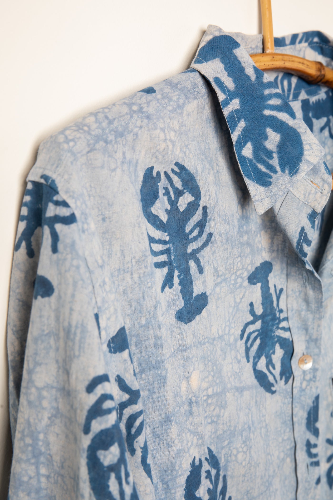 Blue block print lobster shirt detail of collar