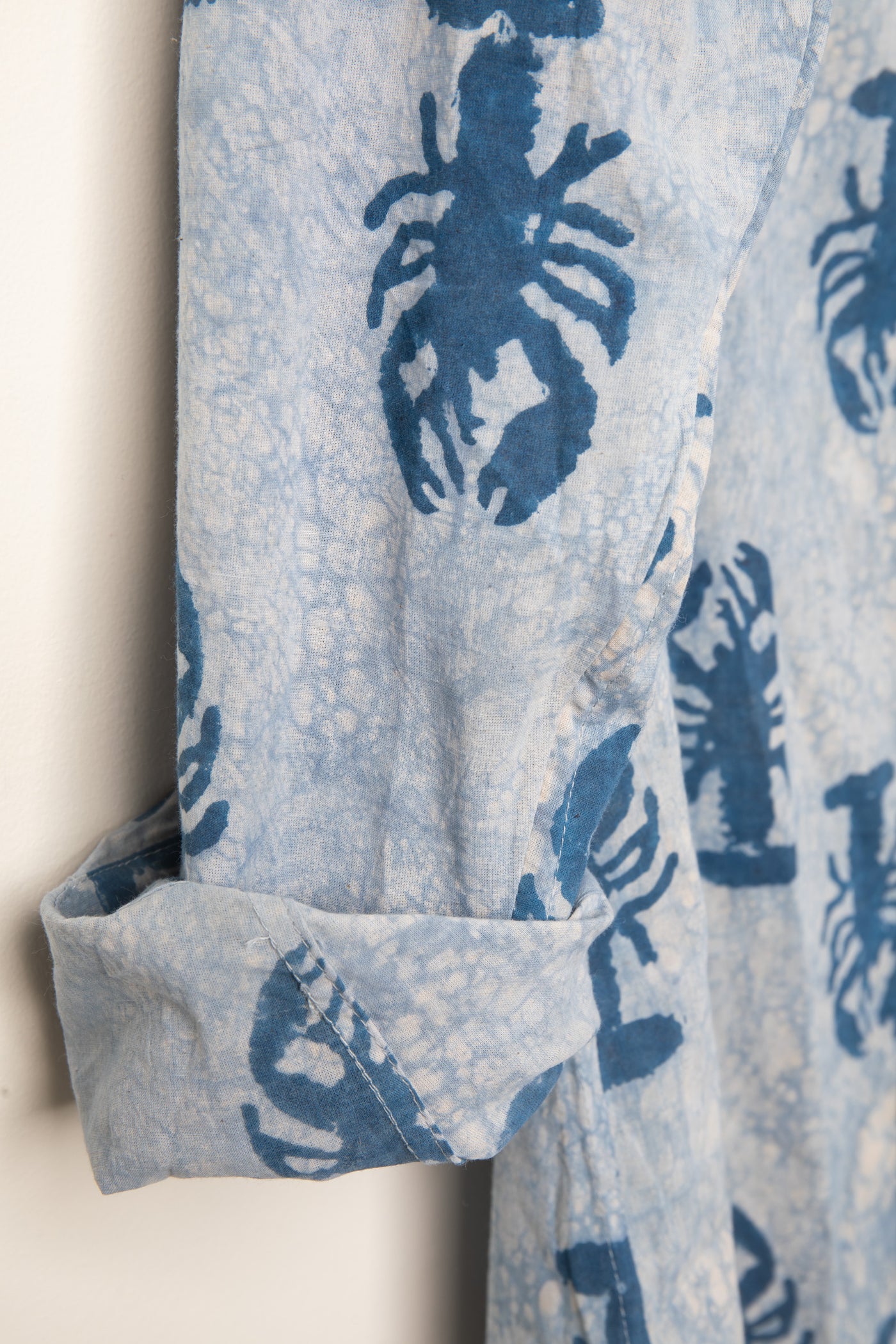 Blue block print lobster shirt detail of sleeve