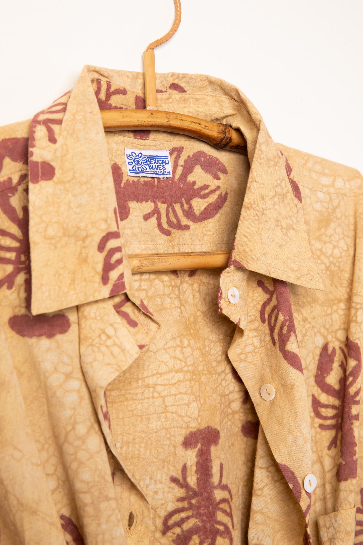Red block print lobster shirt detail of collar