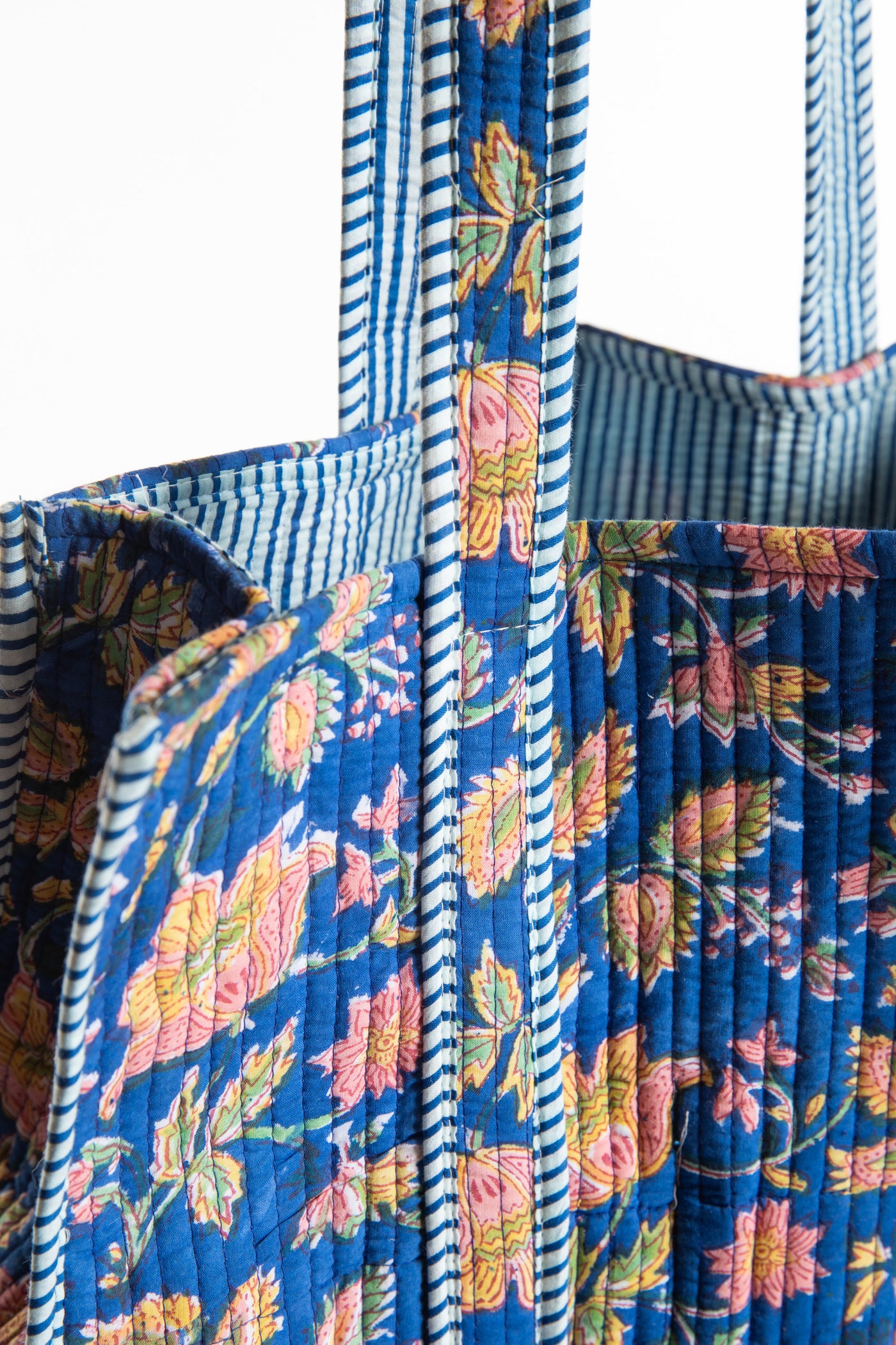 Block print tote bag in blue blooms