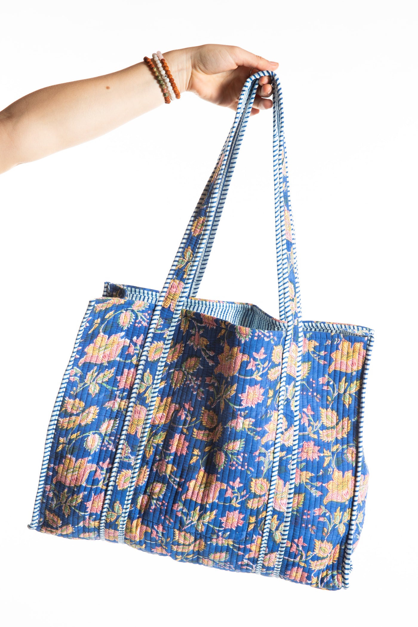 Block print tote bag in blue blooms