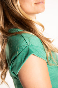 Sophie is wearing size S/M Casual Basic Tee in Aquamarine Heather