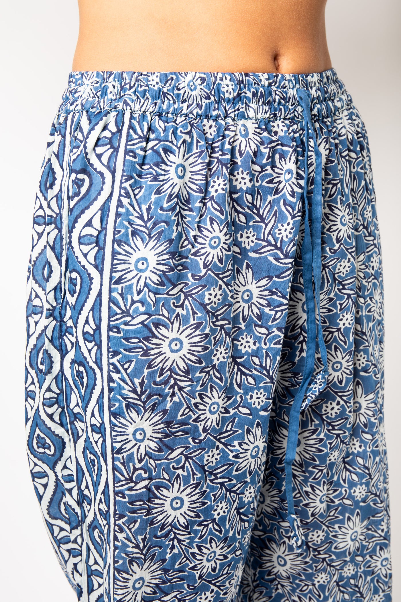 Colette is wearing Block Print Capri Pants in Blue