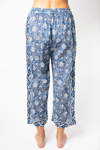 Colette is wearing Block Print Capri Pants in Blue