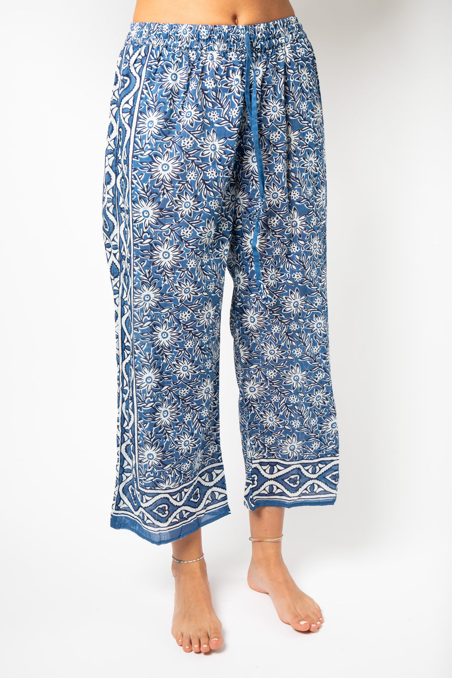 Colette is wearing Block Print Capri Pants in Blue