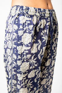 Colette is wearing Block Print Capri Pants in Navy