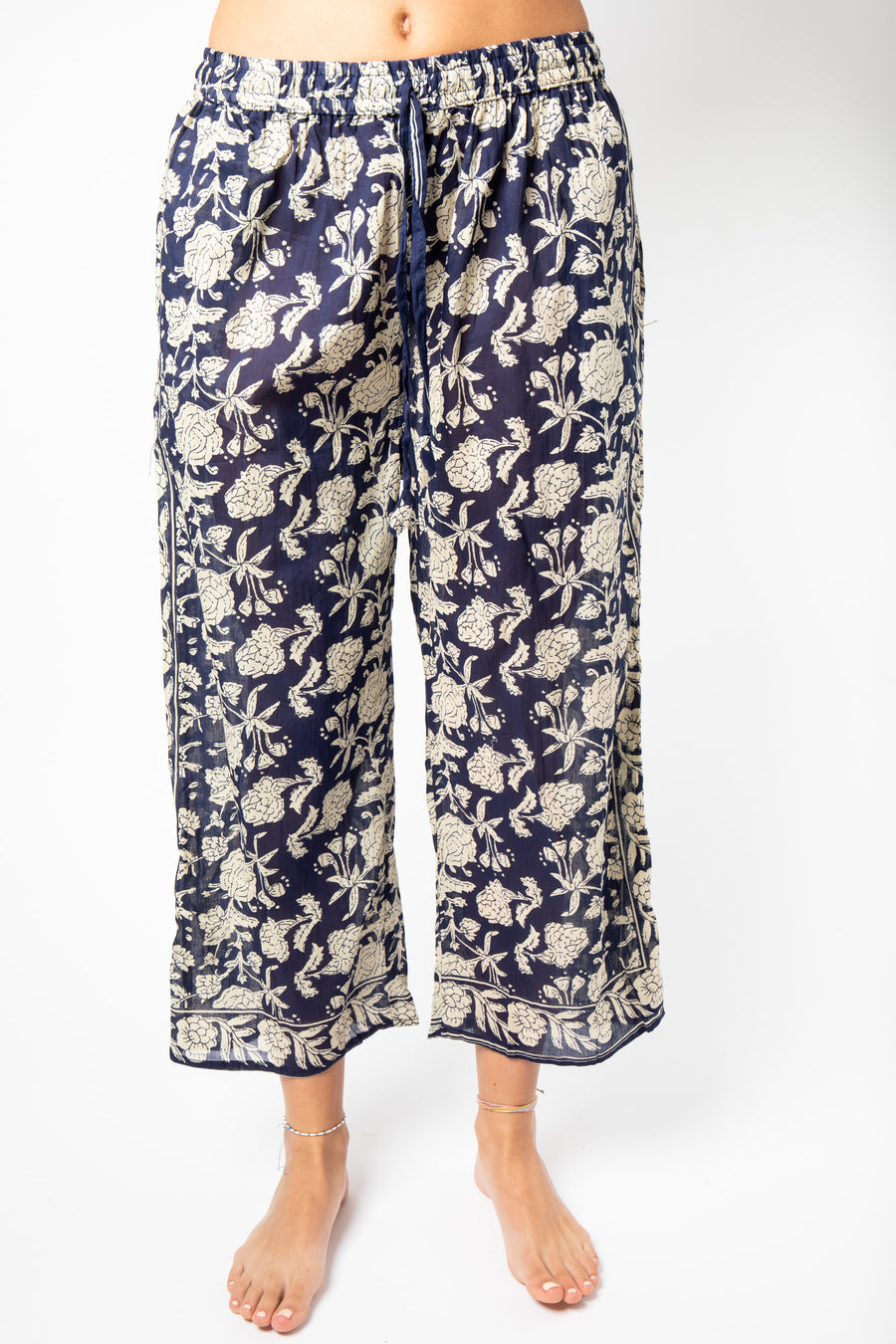 Colette is wearing Block Print Capri Pants in Navy