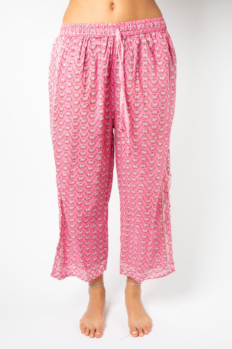 Colette is wearing Block Print Capri Pants in Pink