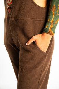 detail of brown fleece overalls pocket