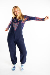 Sophie is wearing the S/M Navy blue Fleece Overalls