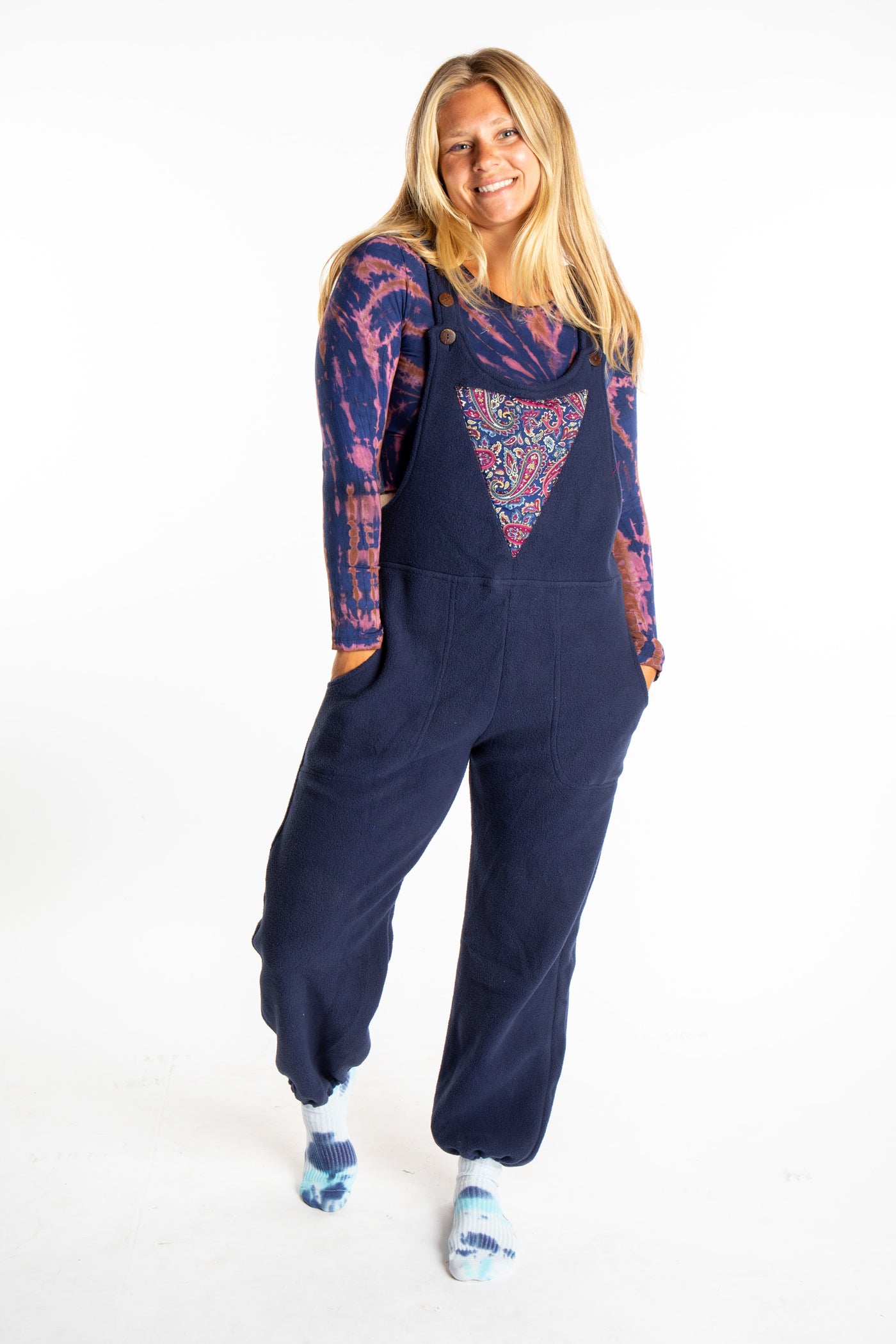 Sophie is wearing the S/M Navy blue Fleece Overalls