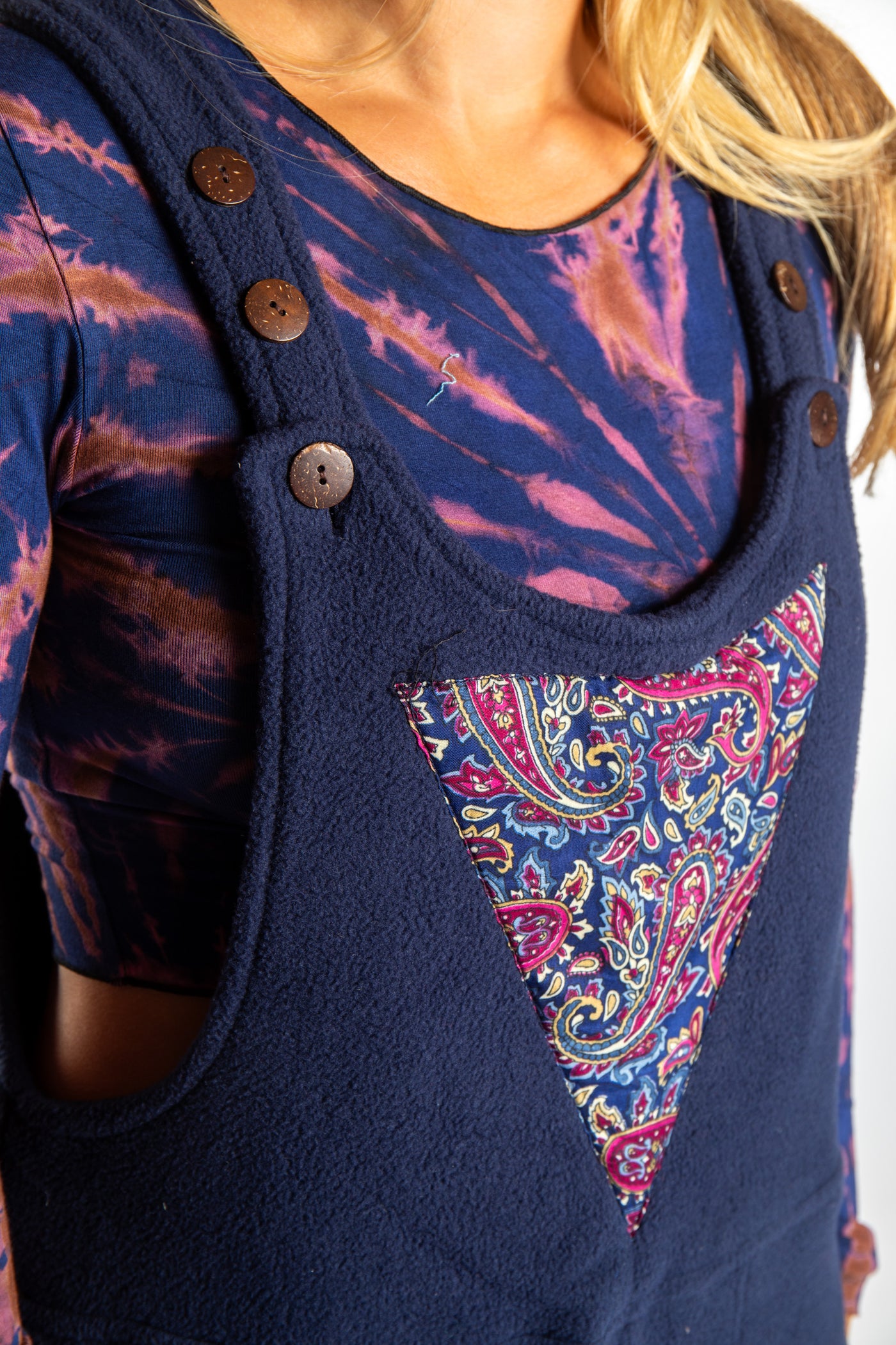 Sophie is wearing the S/M Navy blue Fleece Overalls