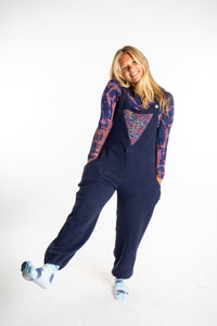 Sophie is wearing the S/M Navy blue Fleece Overalls
