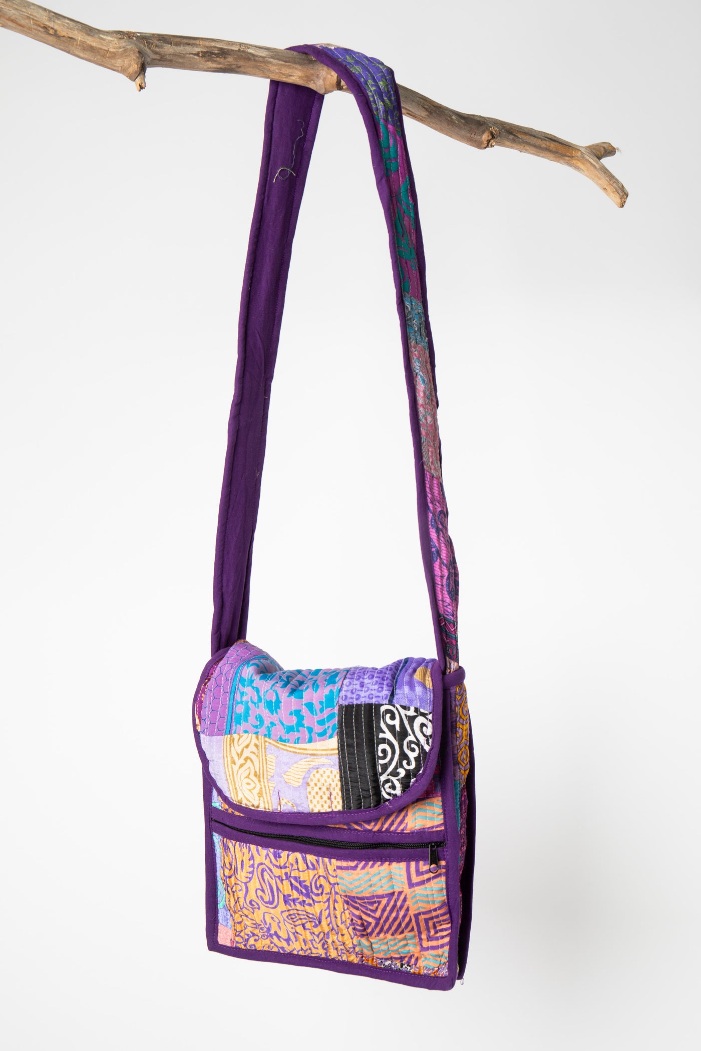 Patchwork Sari Silk Crossbody Bag in Purple