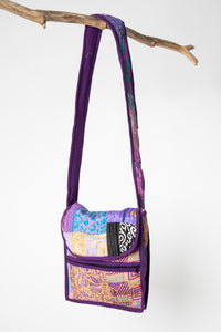 Patchwork Sari Silk Crossbody Bag in Purple