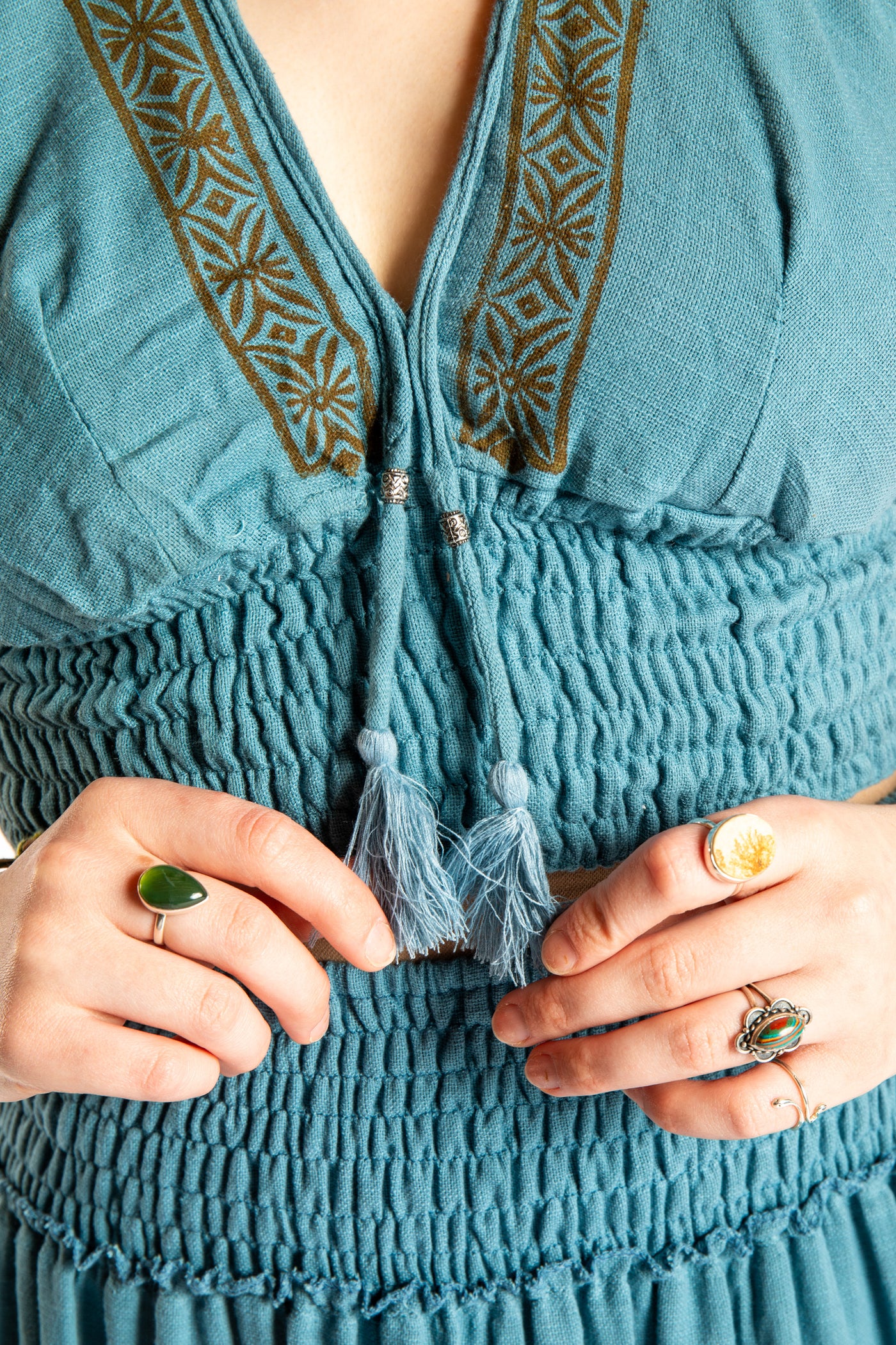 Honora is wearing the Block Print Halter Top in Sea Blue