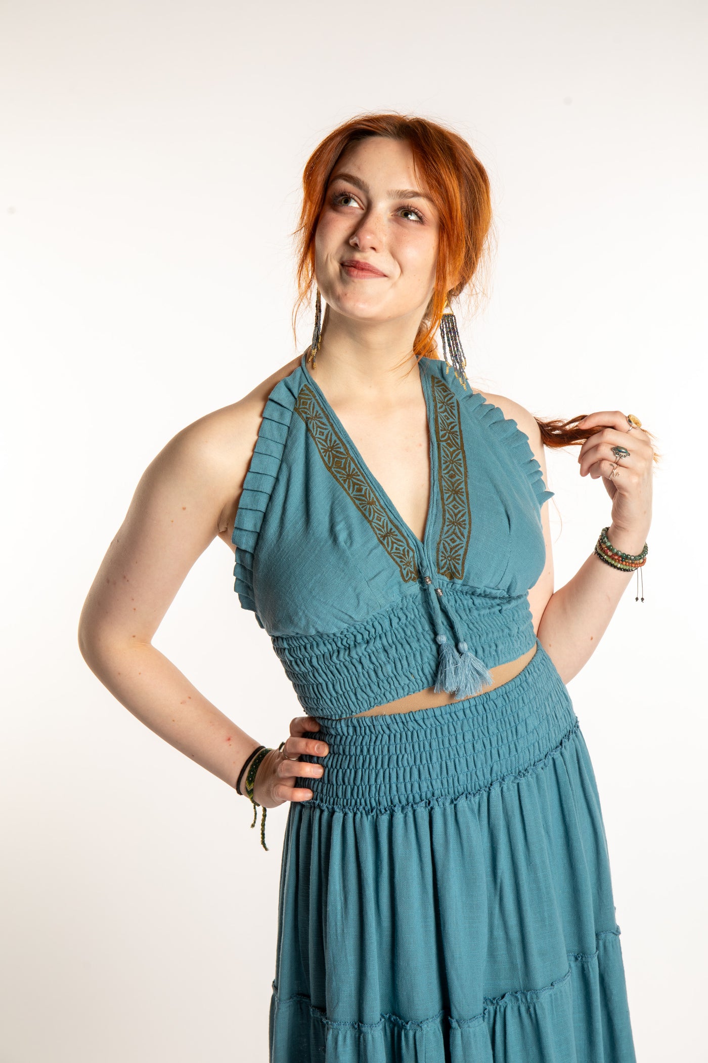 Honora is wearing the Block Print Halter Top in Sea Blue