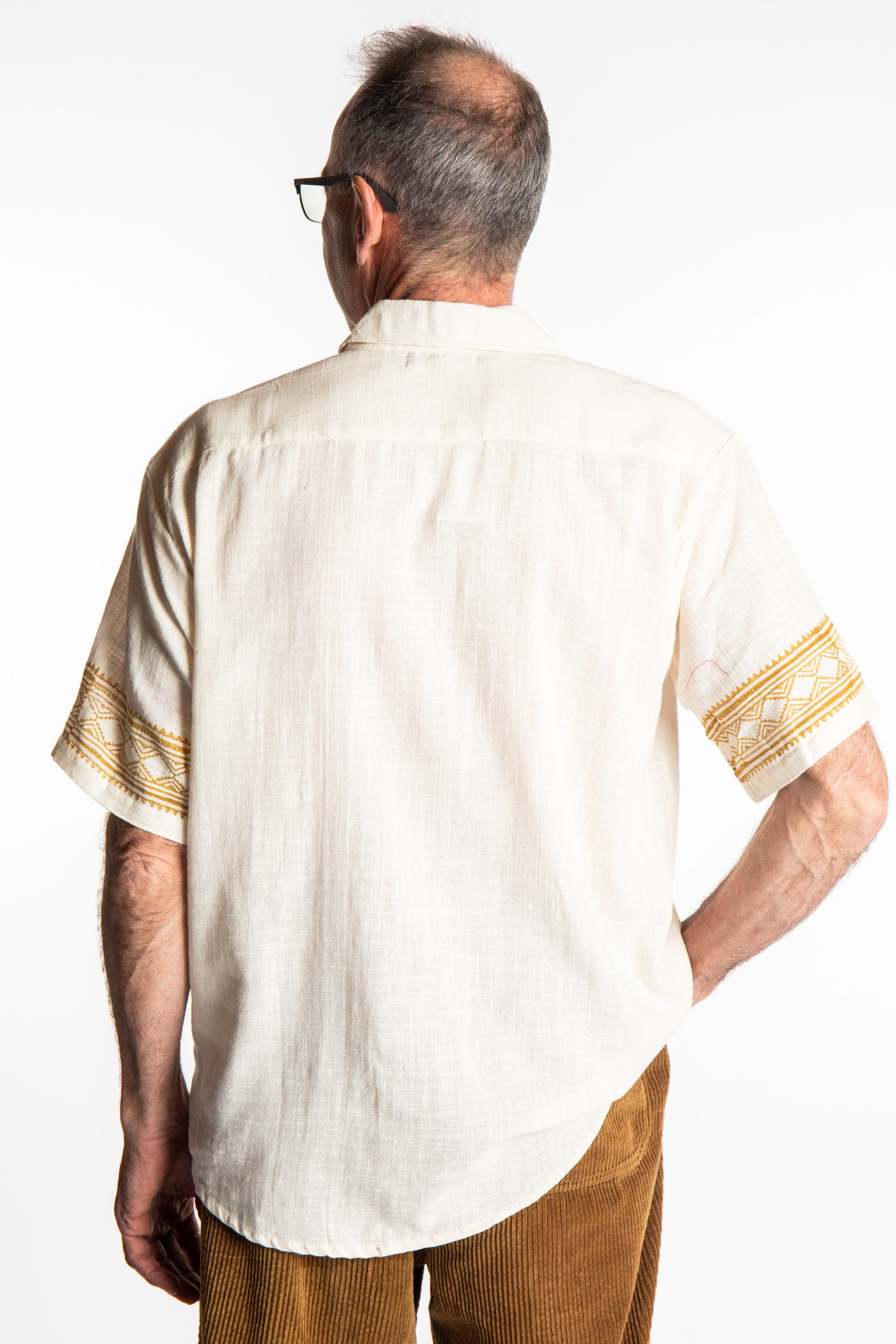 Ross is wearing size M Block Print Cotton Shirt in Ivory