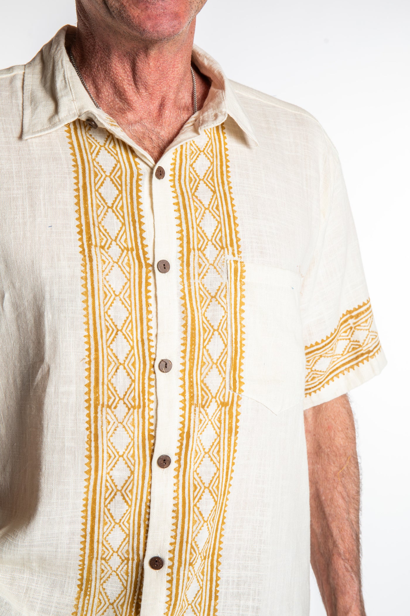 Ross is wearing size M Block Print Cotton Shirt in Ivory