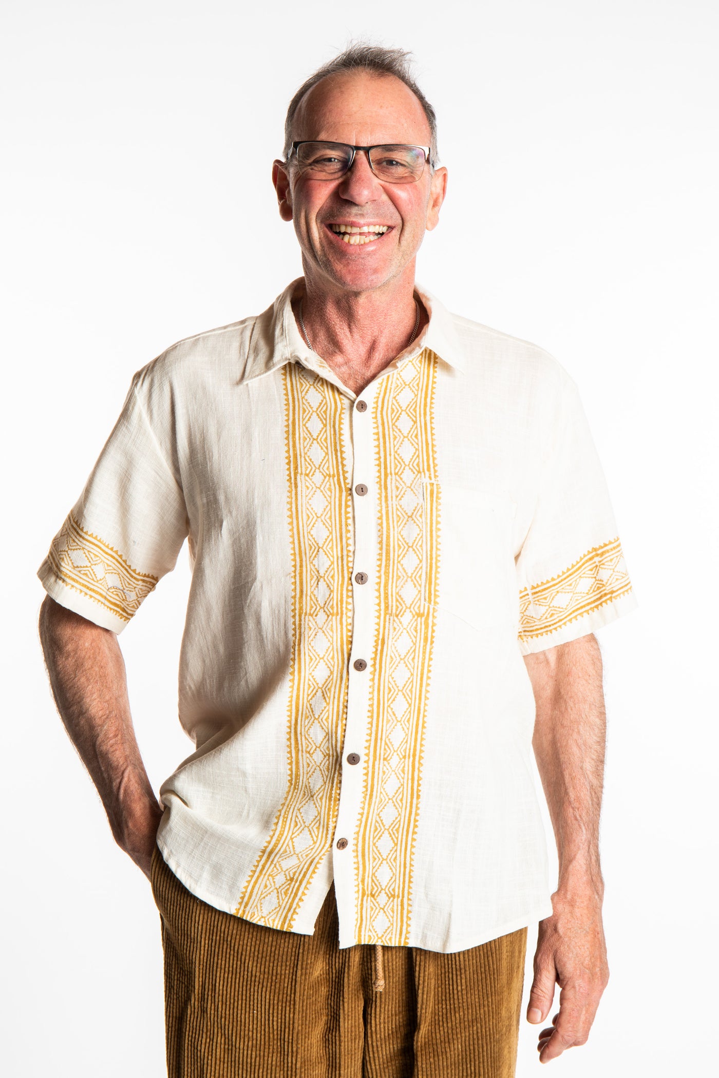 Ross is wearing size M Block Print Cotton Shirt in Ivory