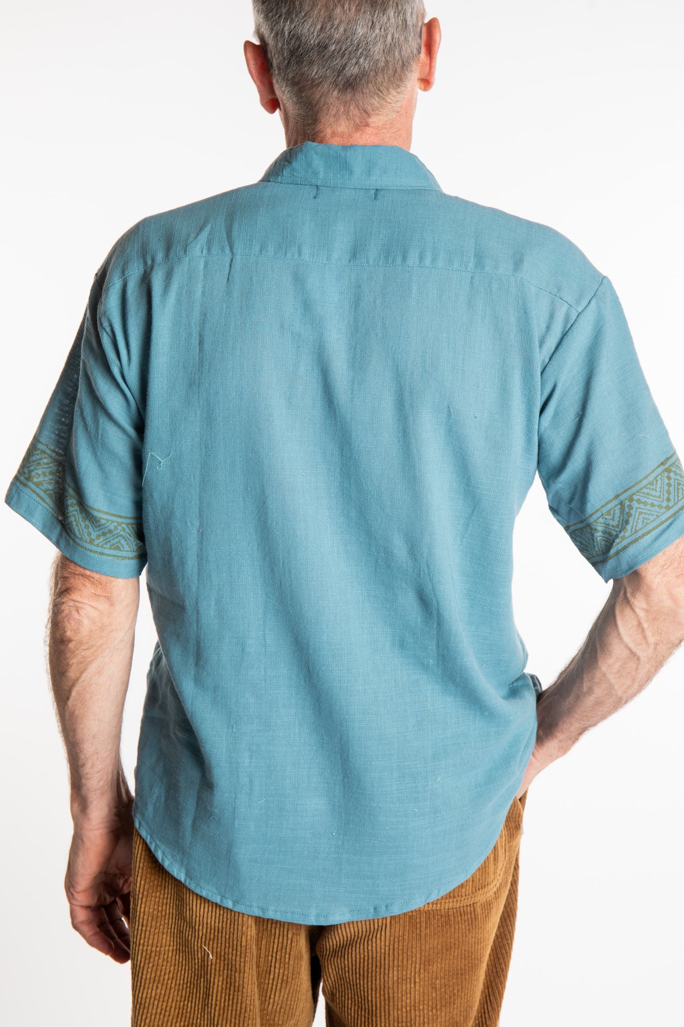 Ross is wearing size M Block Print Cotton Shirt in Sea Blue