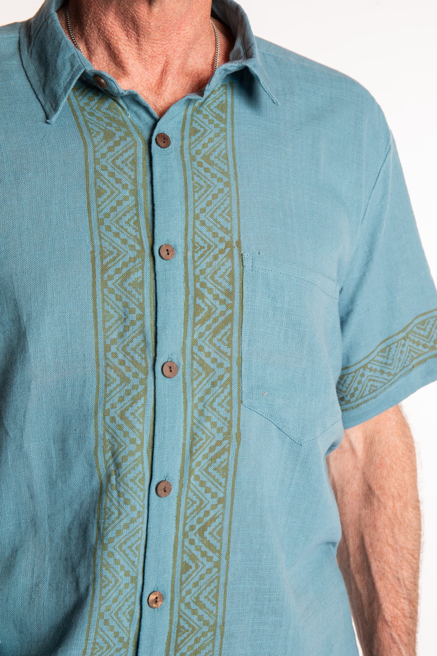 Ross is wearing size M Block Print Cotton Shirt in Sea Blue