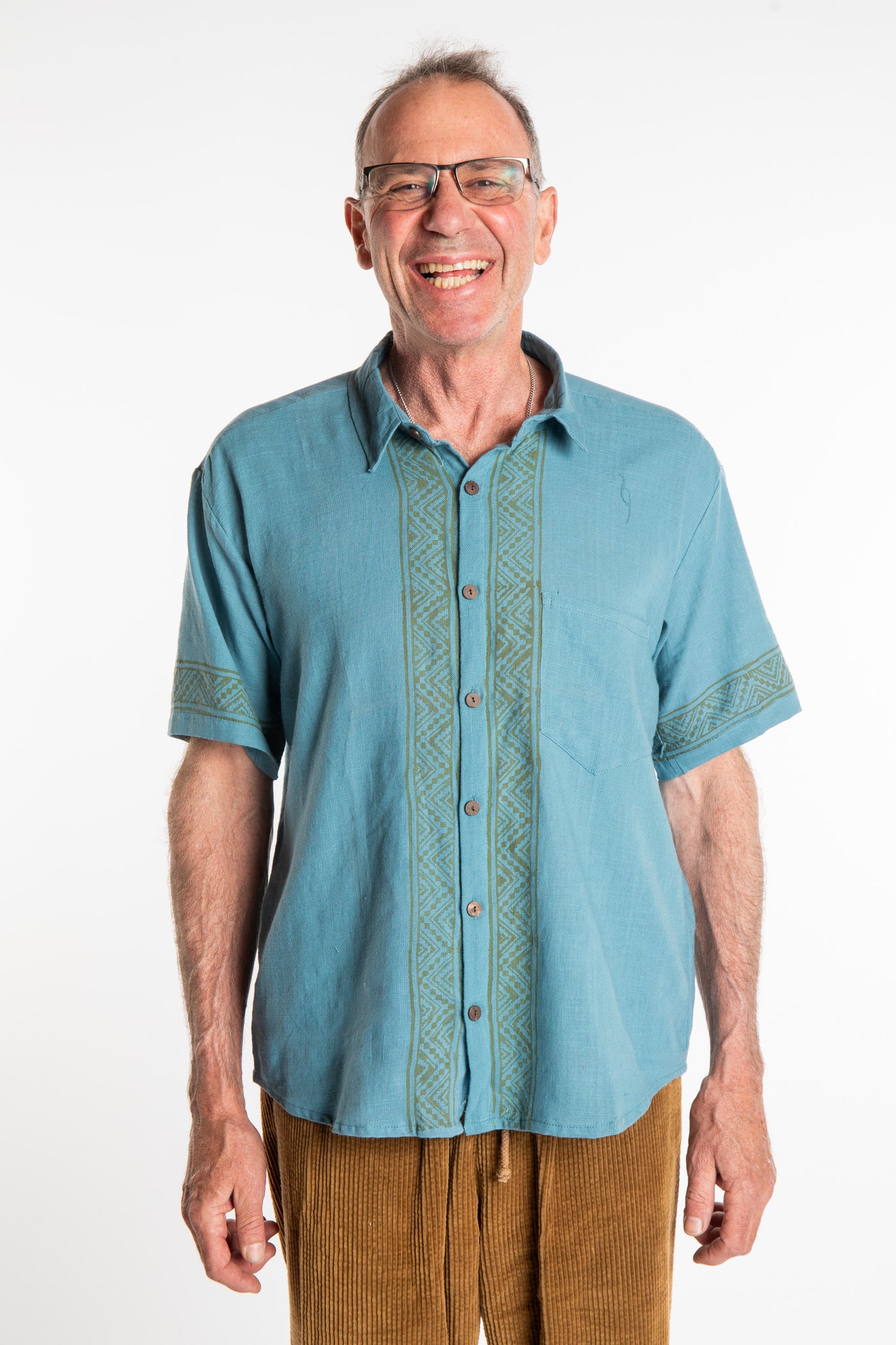Ross is wearing size M Block Print Cotton Shirt in Sea Blue