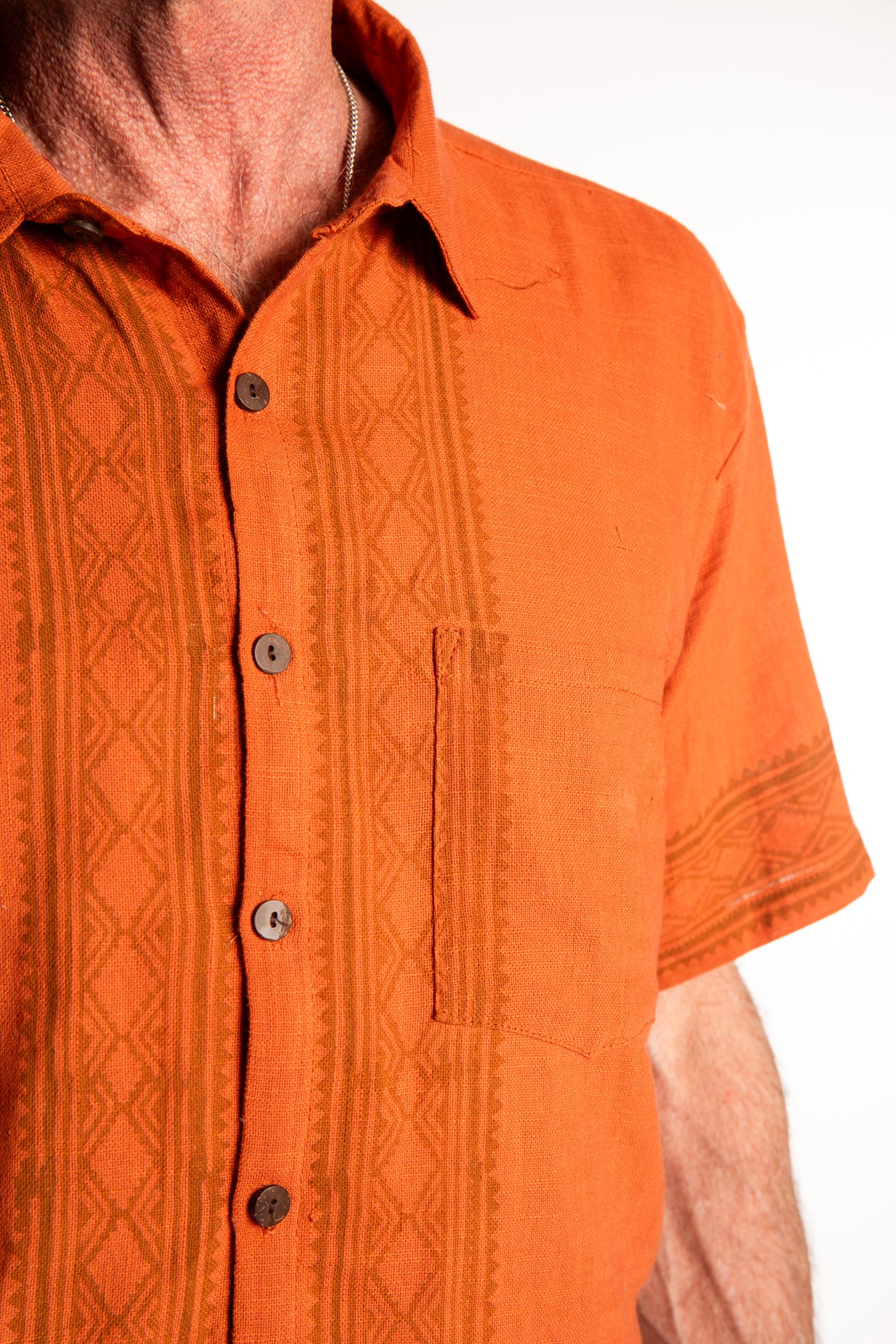 Ross is wearing size M Block Print Cotton Shirt in Terracotta