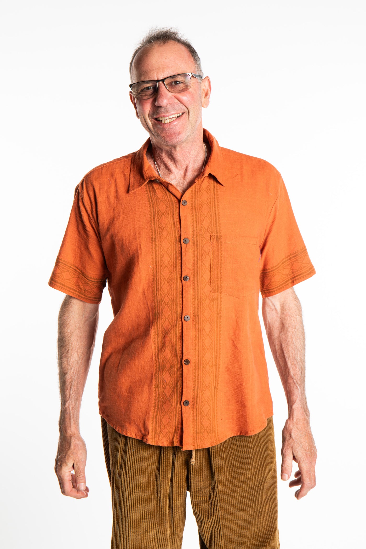 Ross is wearing size M Block Print Cotton Shirt in Terracotta