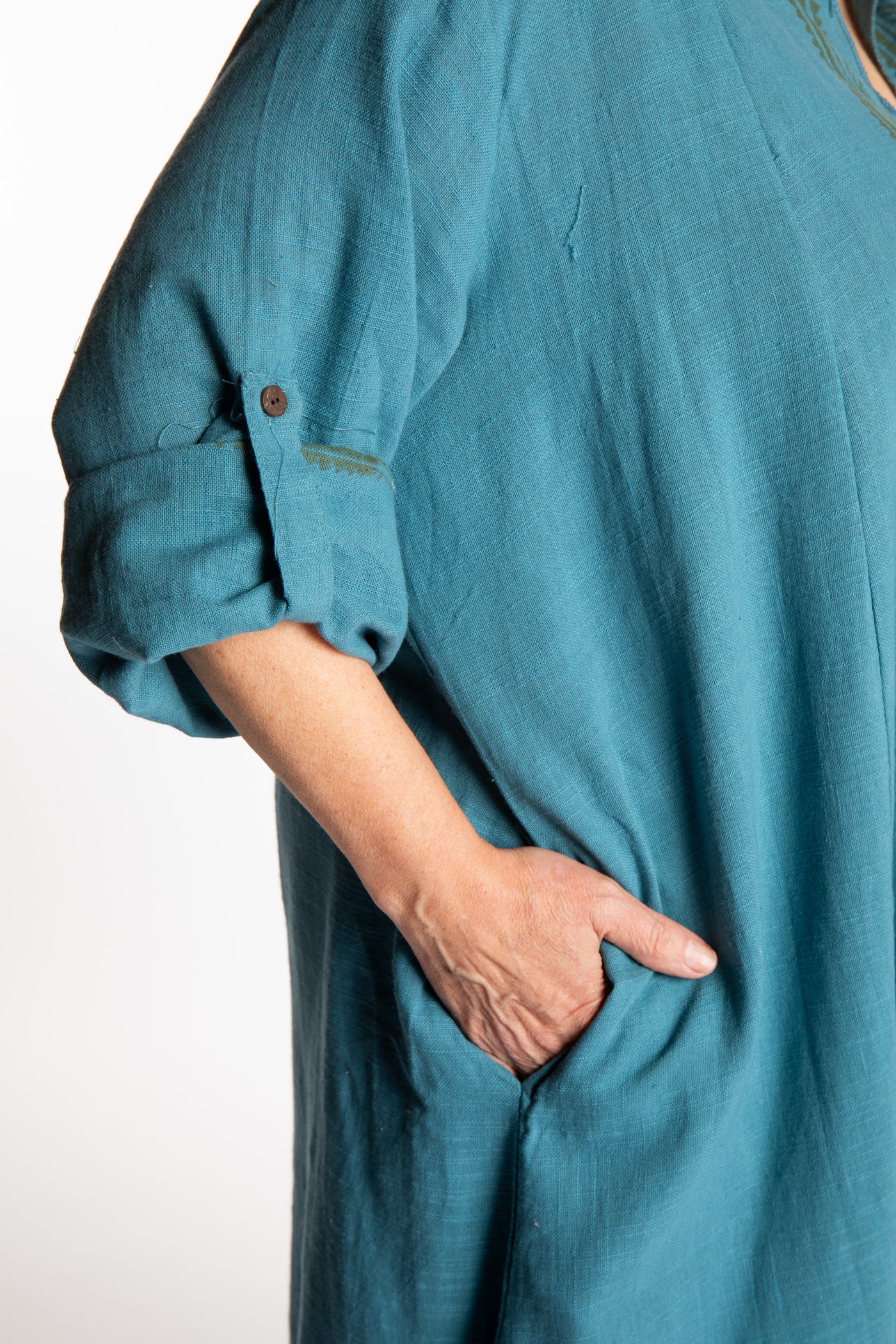 Betty is wearing a Boho Kimono Cover Up in Slate Blue